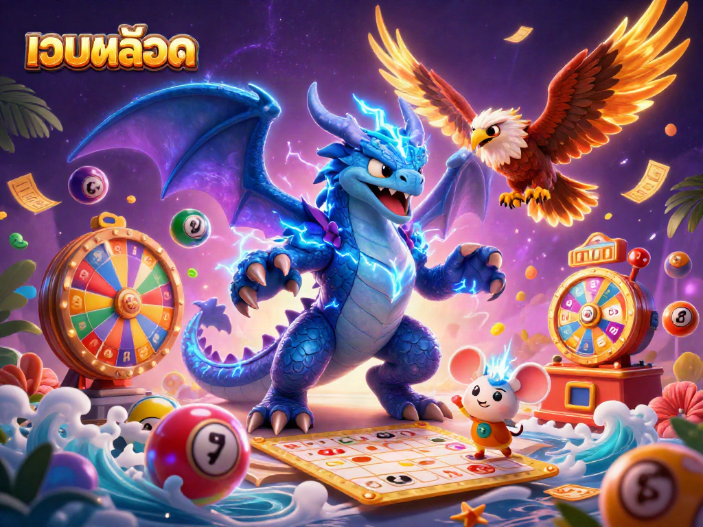 Engage with เว็บสล็อต through exciting 3D characters and dynamic gambling elements in an animated casino scene.