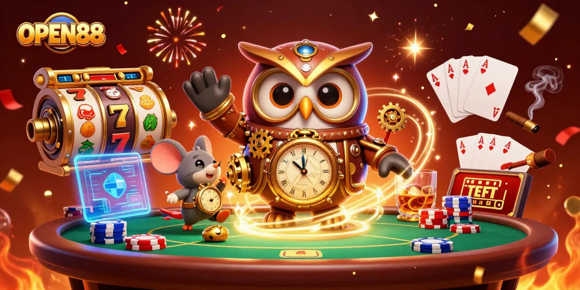 Experience the thrilling world of OPEN88 with a vibrant casino illustration featuring engaging characters and dynamic gaming elements.