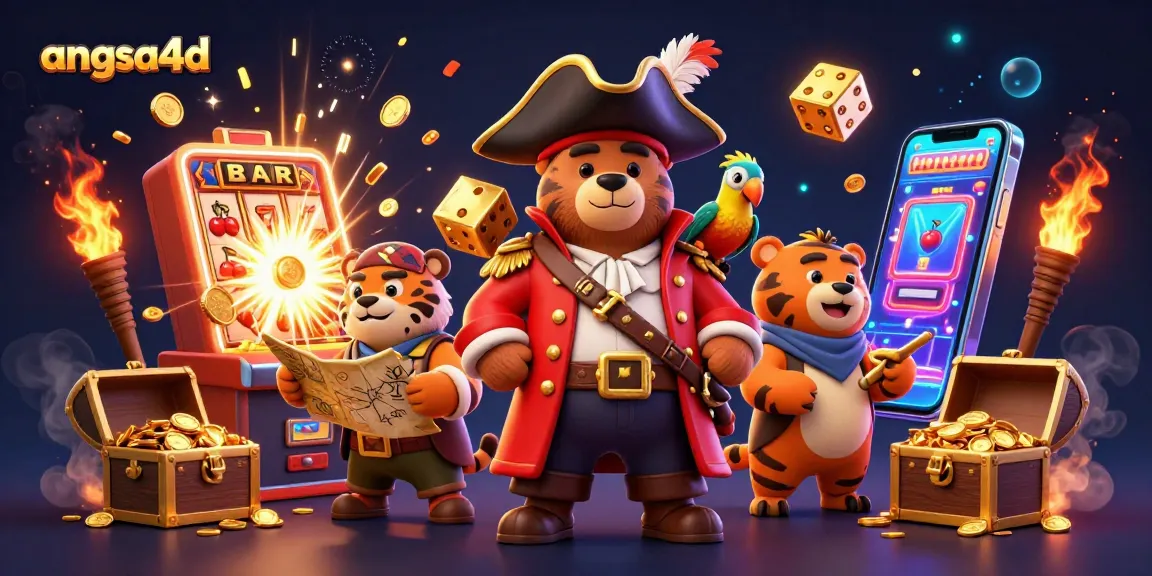 Play exciting slot games with angsa4d featuring a 3D cartoon pirate bear and tiger in a vibrant casino scene.
