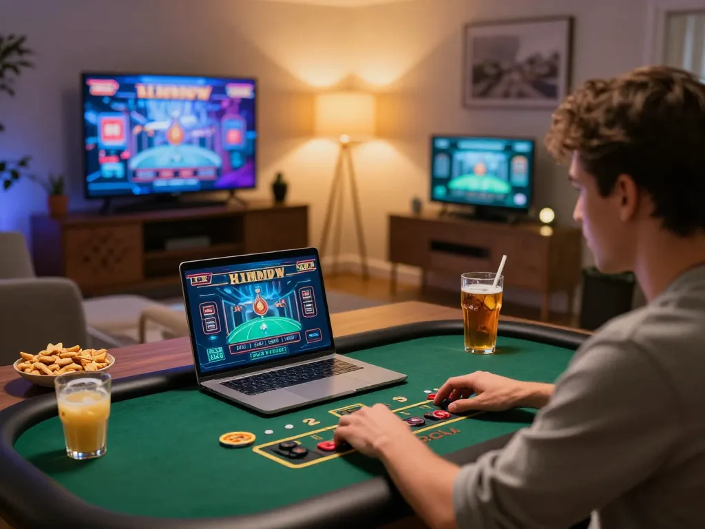 Engaging with sunwin online casino via laptop, showcasing dynamic live dealer action and strategic focus