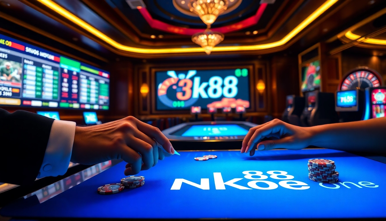 Professional gambler placing a strategic bet with NK88 one poker chips at an elegant casino table