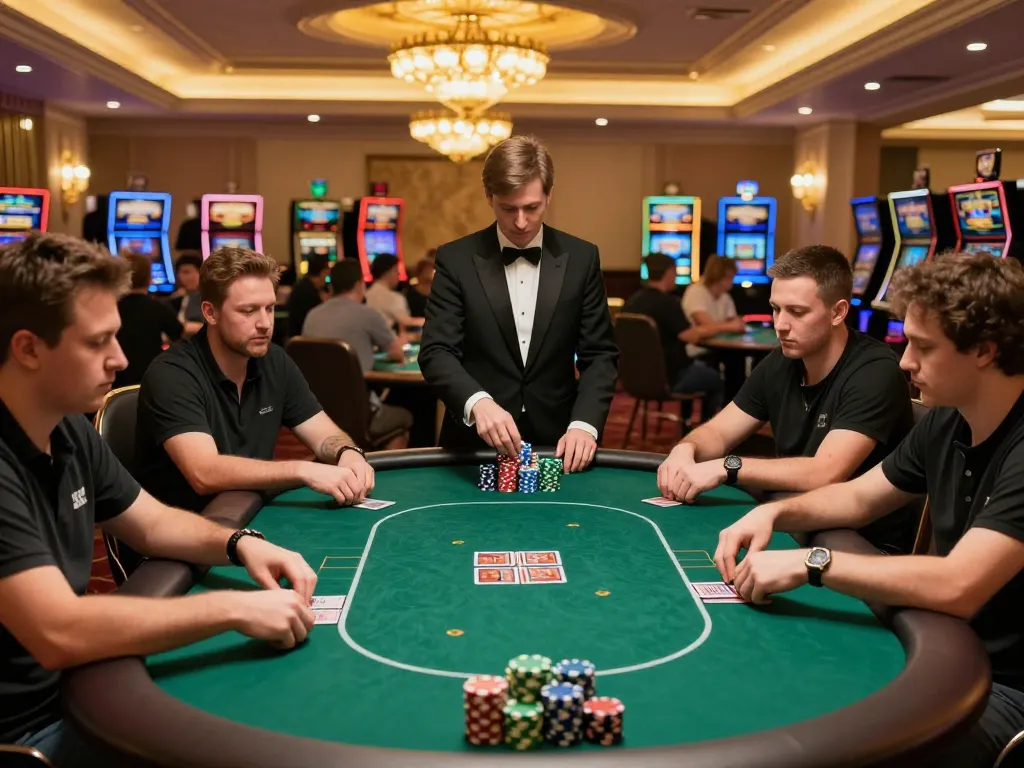 Maxpoker88 players strategizing in a vibrant poker game with colorful chips and elegant setting.