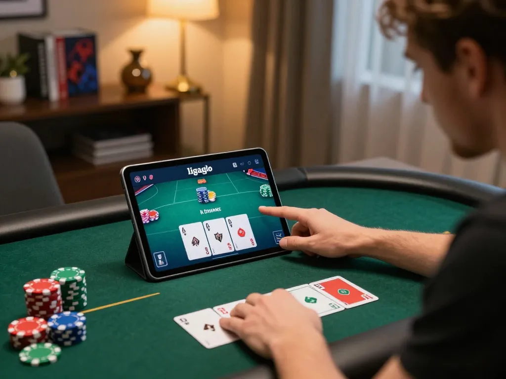 Player using ligalgo app for an engaging online poker experience in a cozy home office setting.
