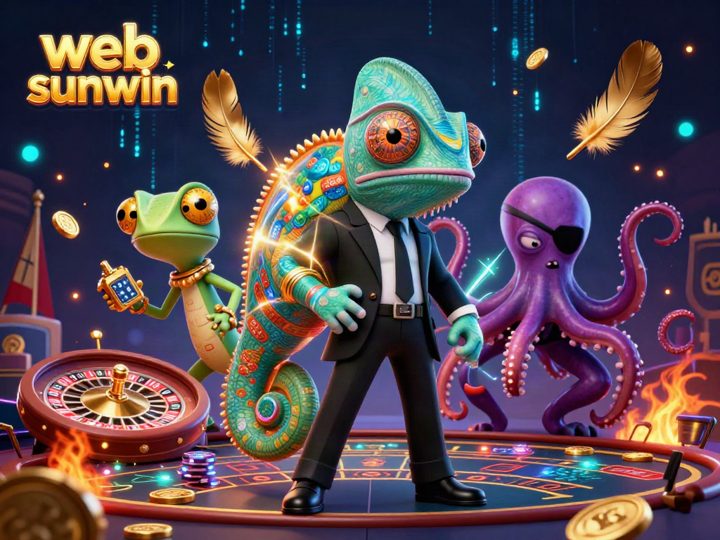 Experience the excitement of web sunwin with vibrant characters and a dazzling casino scene, showcasing thrilling games.