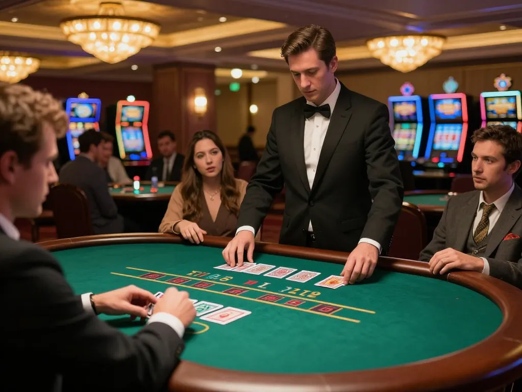 Players enjoying a strategic blackjack game at dash88 casino table, dealer managing cards in luxurious setting.