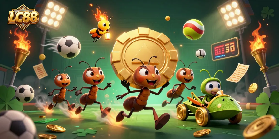 Experience the thrill of LC88 with a team of ants on a heist for a giant poker chip surrounded by dynamic casino elements.