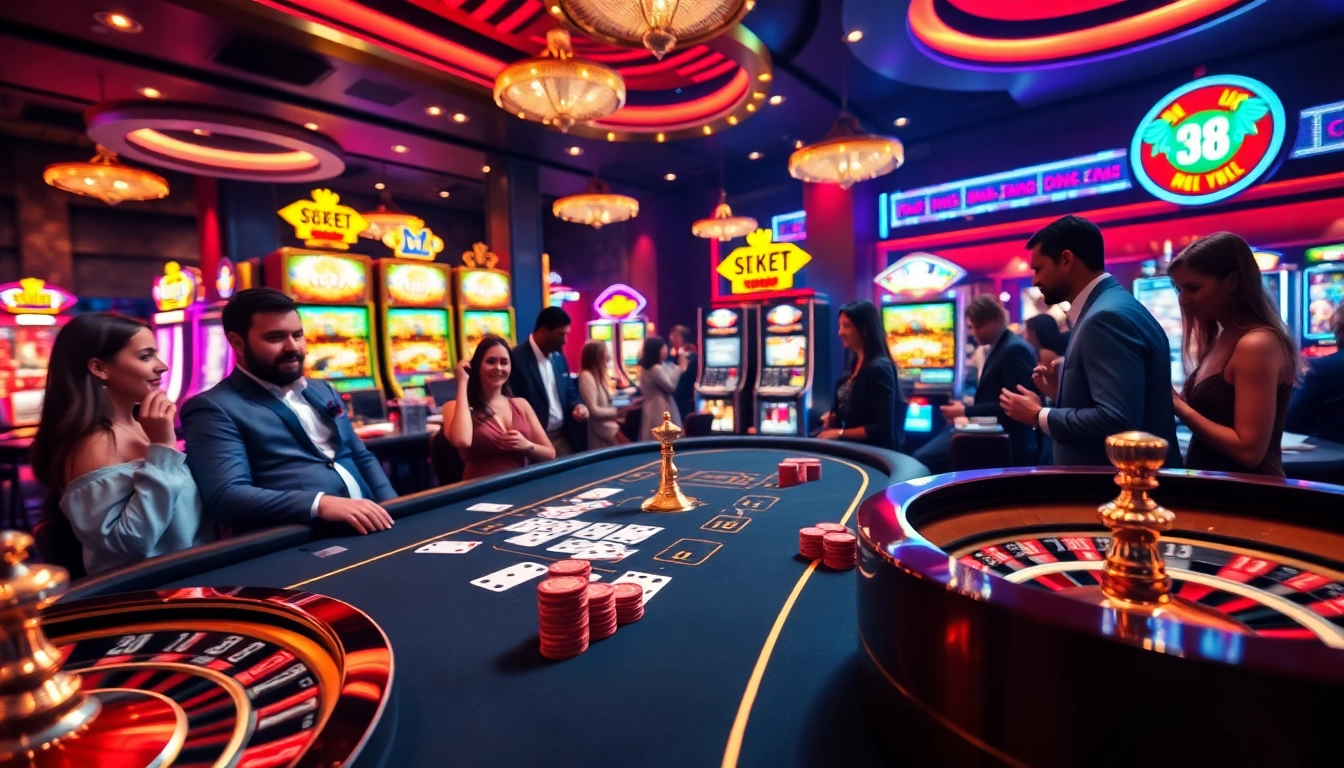 People enjoying a thrilling game at an F8bet casino table surrounded by vibrant slot machines.