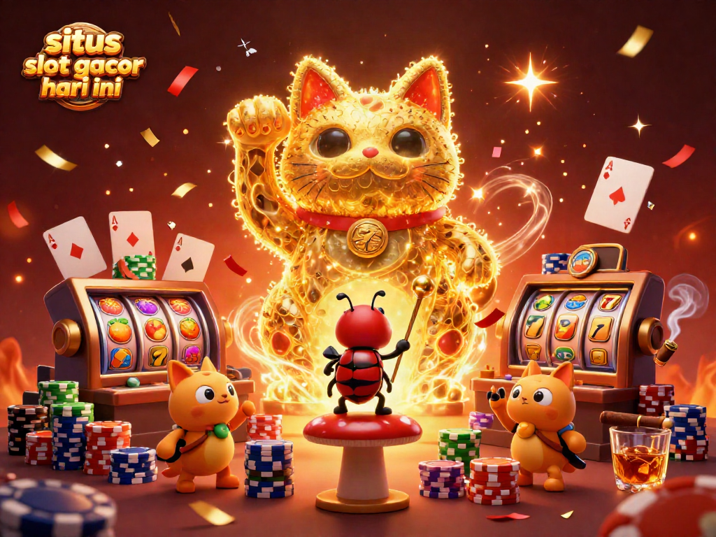 Temukan situs slot gacor hari ini dengan ilustrasi kucing keberuntungan yang dikelilingi simbol kasino.