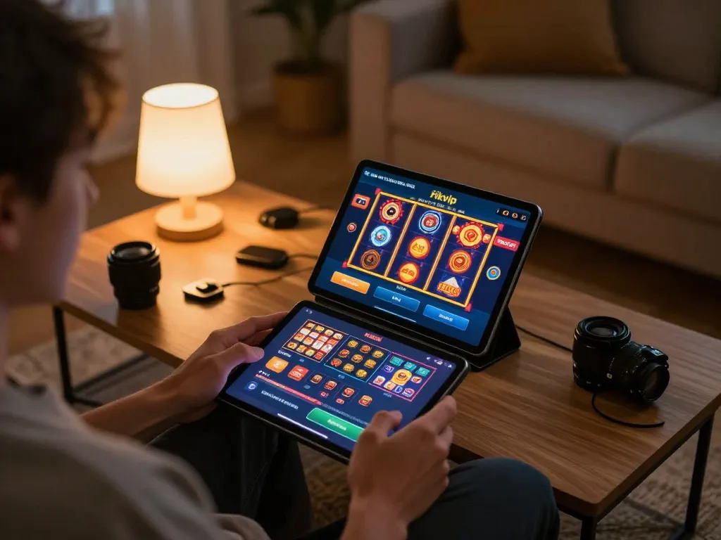 Player engaged in online gaming on the rikvip platform showcasing excitement in a cozy home setting.