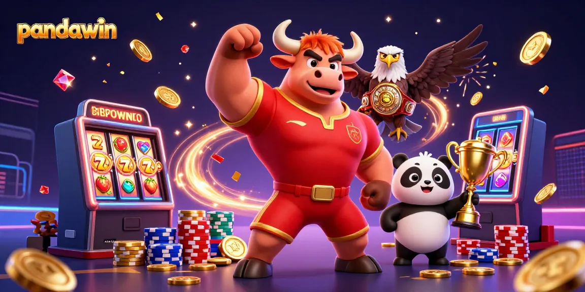 Pandawin menampilkan pemandangan kasino 3D yang menarik dengan maskot banteng berpose kemenangan dan panda ceria merayakan kemenangan slot.