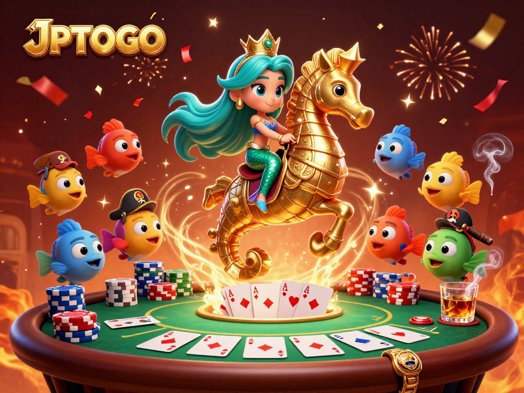 Experience winning features in JPTOTO’s vibrant casino scene with poker tables and mermaid royalty.