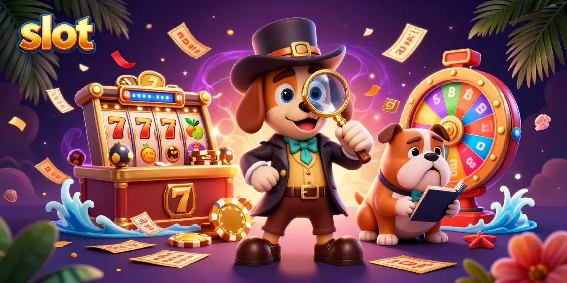 Permainan slot yang menang besar dengan karakter anjing detektif 3D dan elemen kasino berwarna-warni.
