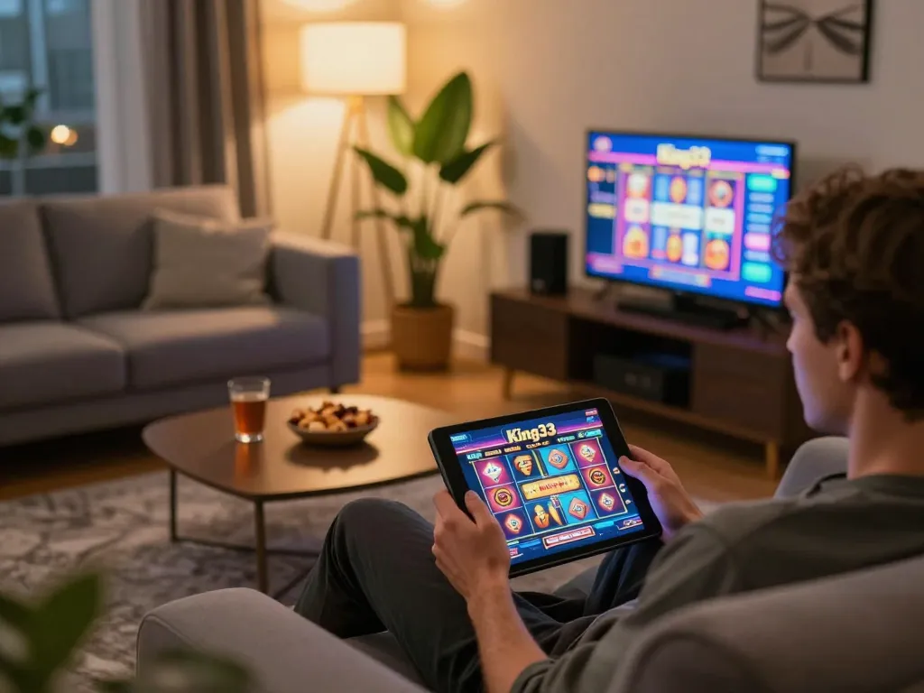 Engaging in king33 online gaming with a tablet in a cozy living room