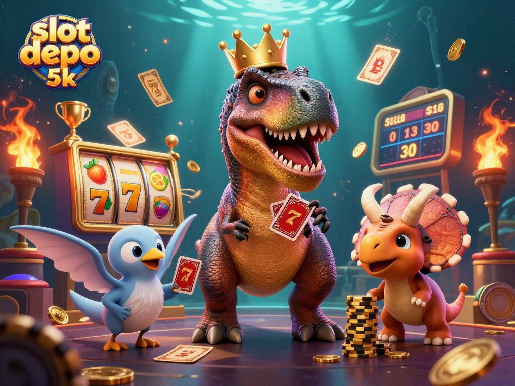 Experience the thrill of slot depo 5k with a fun, animated casino scene featuring a T-Rex and colorful elements.