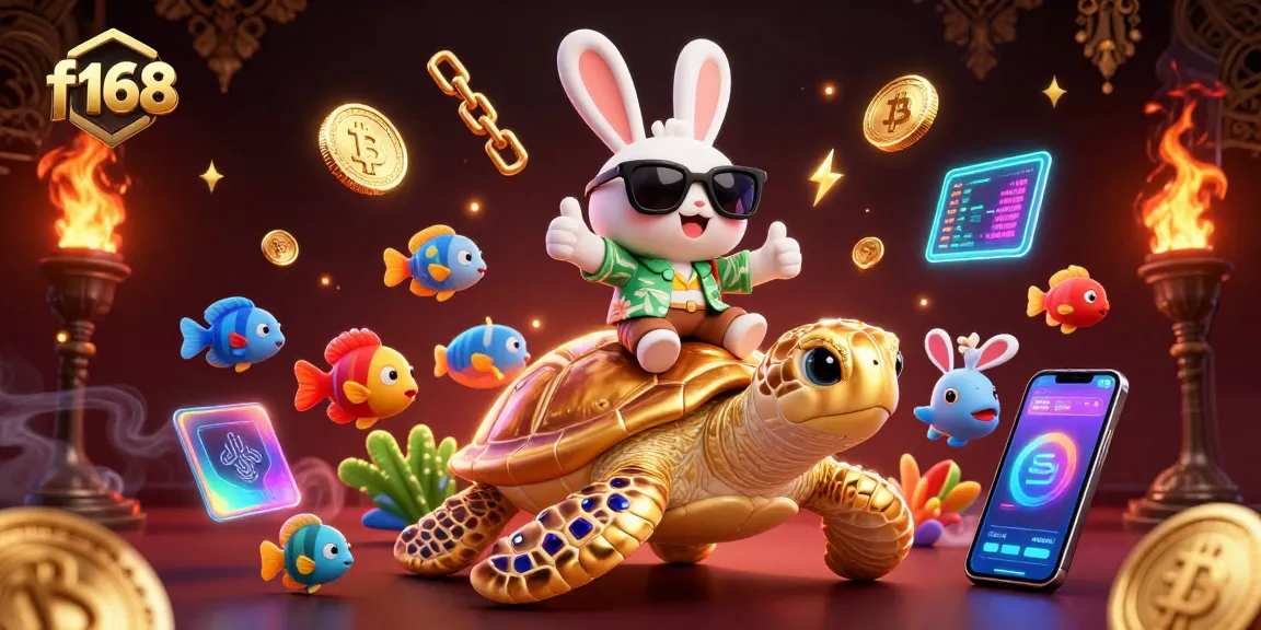 Experience thrilling gameplay at f168 with a lucky rabbit and golden turtle amidst vibrant cryptocurrency elements.