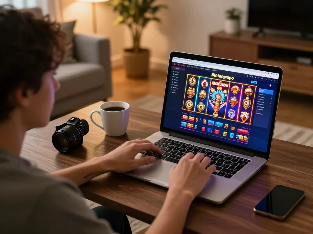 Pengguna Bintangmpo berinteraksi dengan permainan slot online di laptop dalam pengaturan rumah yang nyaman.