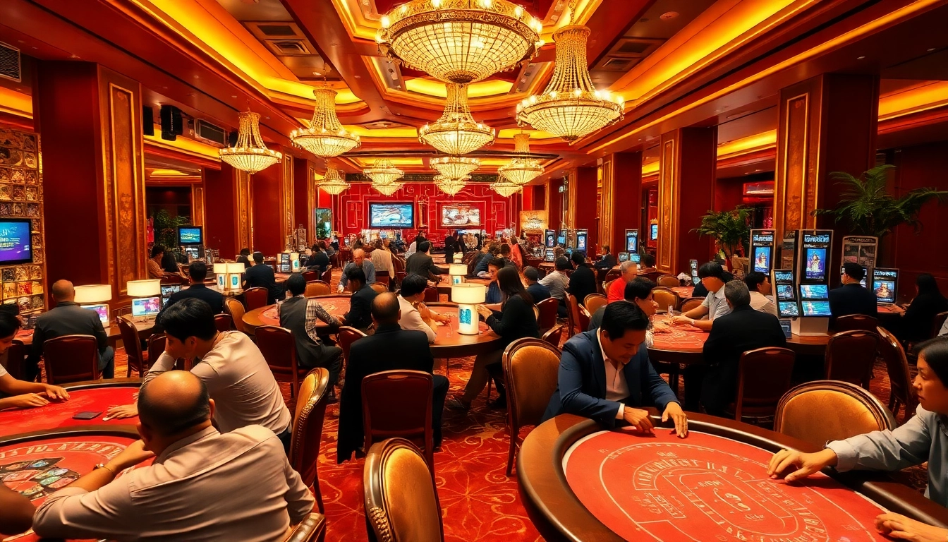 Vivid scene of a Singapore Casino Site showcasing players immersed in games, vibrant atmosphere.