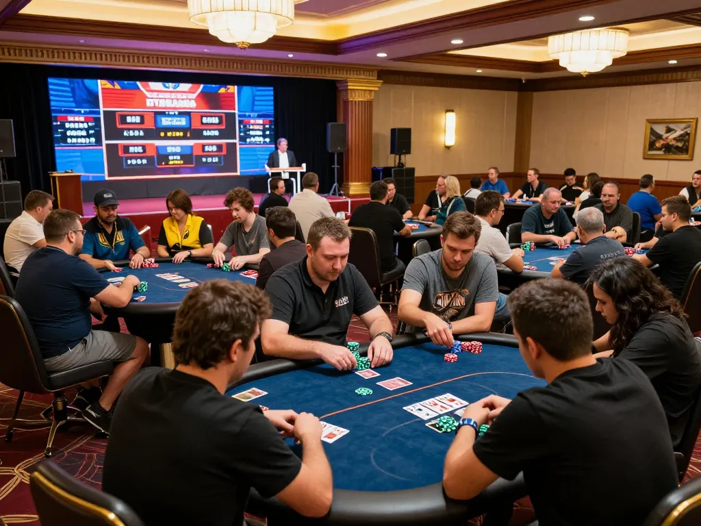 Poker players engaged in a thrilling tournament setting at a casino, focusing on mpoid strategies and gameplay.
