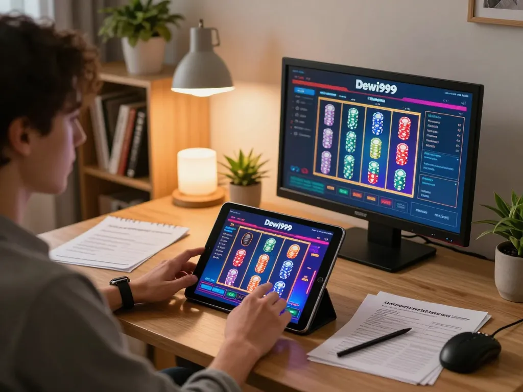 Pemain Dewi999 menampilkan slot yang cerah di tablet di antara catatan permainan di kantor rumah yang nyaman.