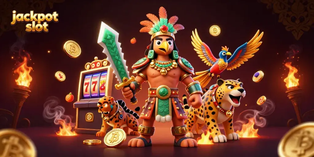Spin to win big with jackpot slot action featuring Aztec warriors and vibrant casino elements