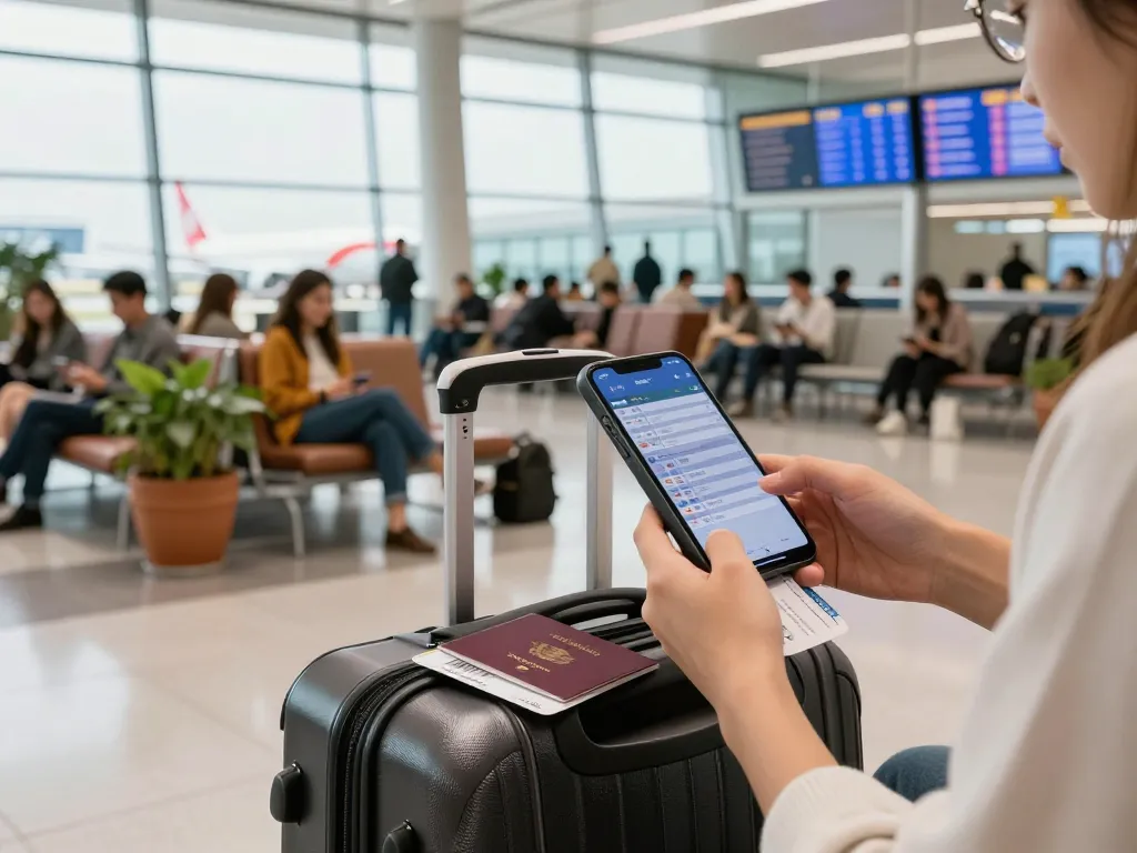 Travel scene of a traveler with 789P essentials at an airport.