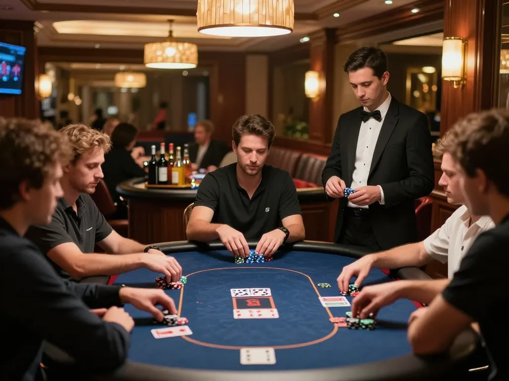 Intense poker action at B52CLUB's exclusive gaming lounge with engaged players.