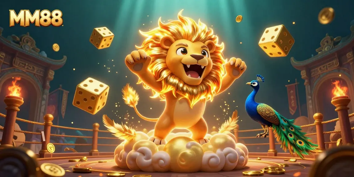 Engage with MM88's thrilling casino world, featuring a roaring lion and golden dice in a vibrant 3D illustration.