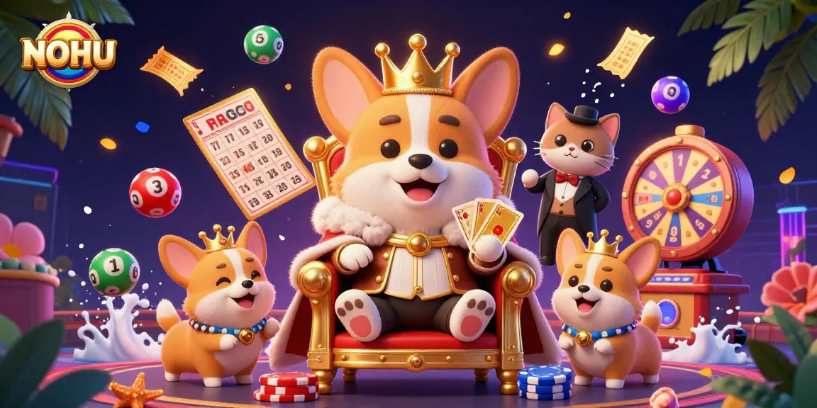 Engaging scene of NOHU's themed casino illustration with playful characters surrounded by vibrant gaming elements.