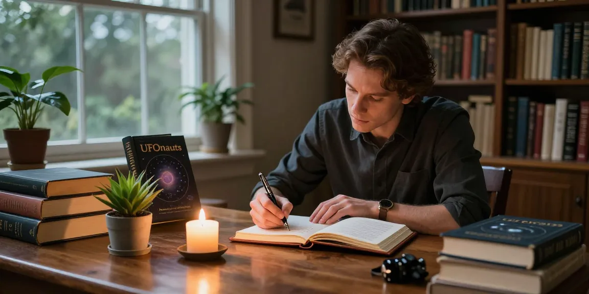 A cozy library scene featuring T Allen Greenfield writing about his book UFOnauts on https://tallengreenfield.com, surrounded by spiritual and UFO-related literature.