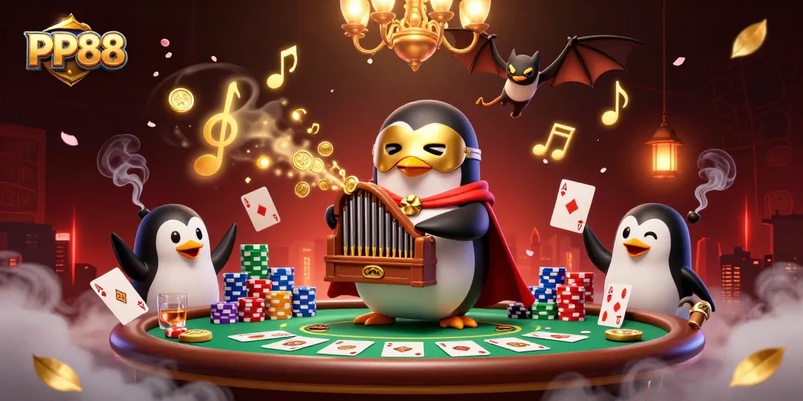 PP88 players enjoy vibrant excitement with a penguin playing the organ, surrounded by poker elements.