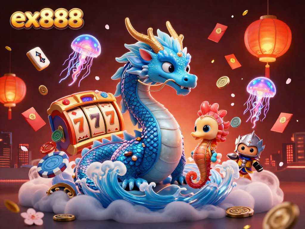 Experience ex888 excitement with vibrant casino elements and fantasy characters in a dynamic 3D scene.