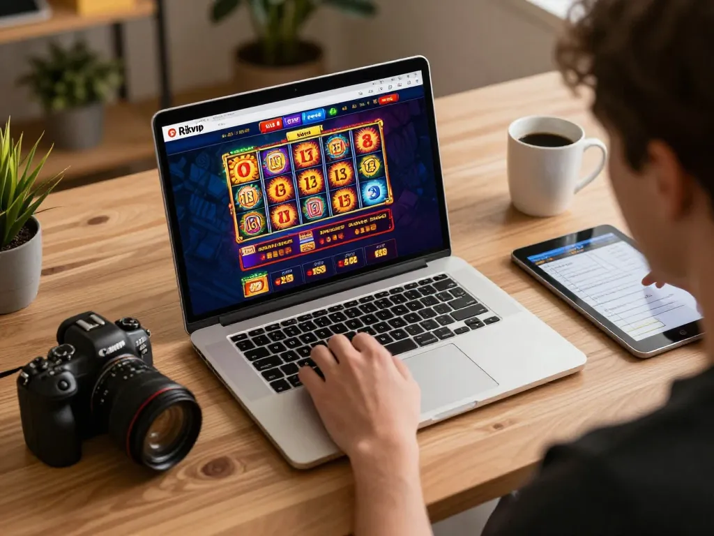 Player strategizing on Rikvip's platform during a cozy online gaming session, laptop displaying engaging casino games.