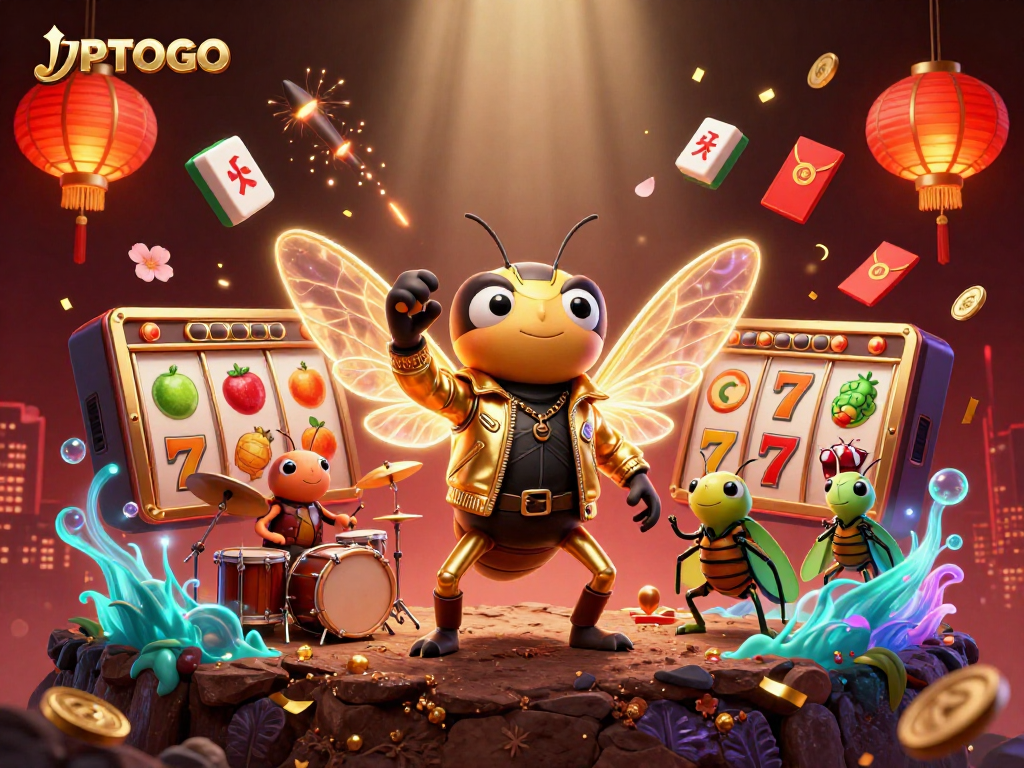 Celebrate wins with JPTOTO's vibrant slot reels, featuring energetic characters in a dynamic casino scene.