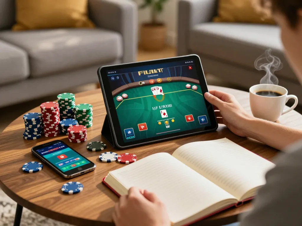 Online gaming on tablet by a cozy user, highlighting linuxmag-france's strategic poker gameplay experience.