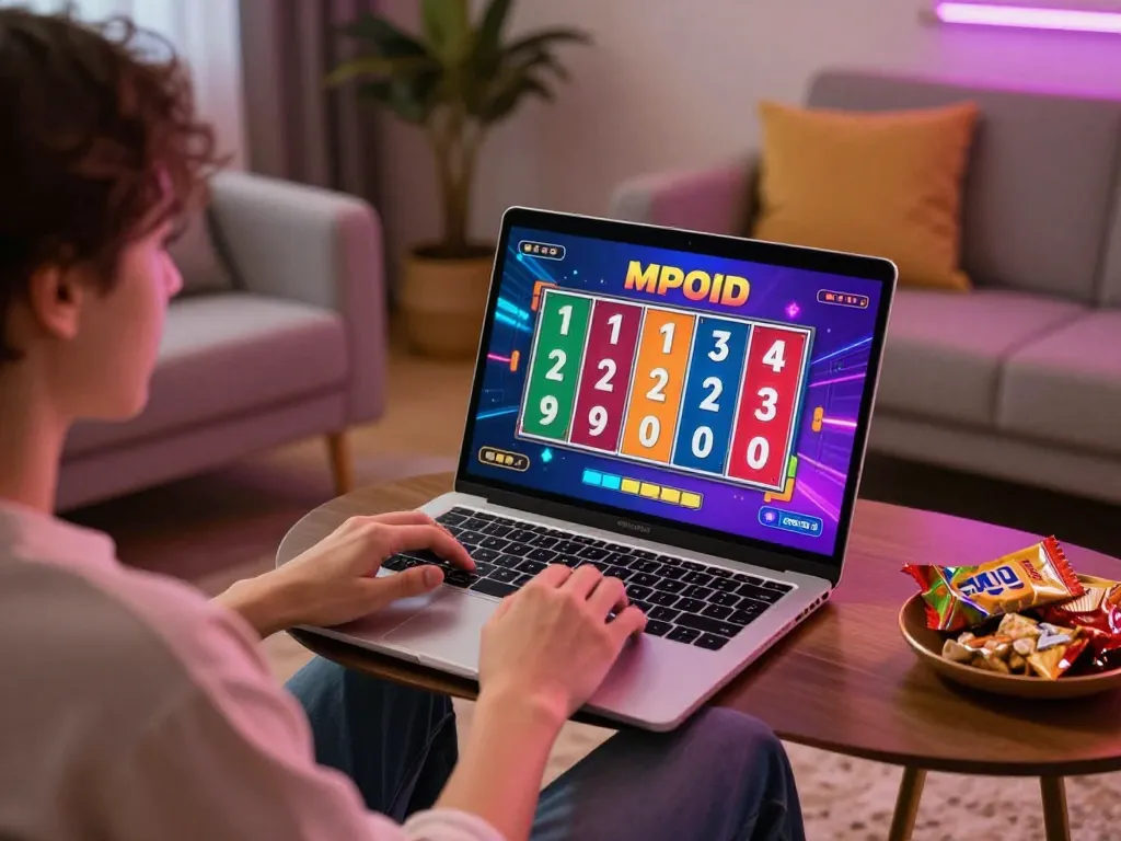Player enjoying MPOID game on laptop in cozy setup highlighting interactive online gaming.