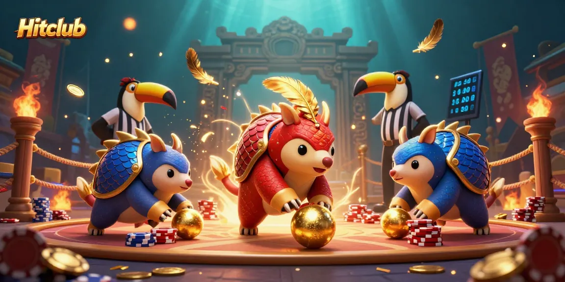 Experience thrilling action at Hitclub with animated pangolins amidst poker chips and vibrant casino elements.