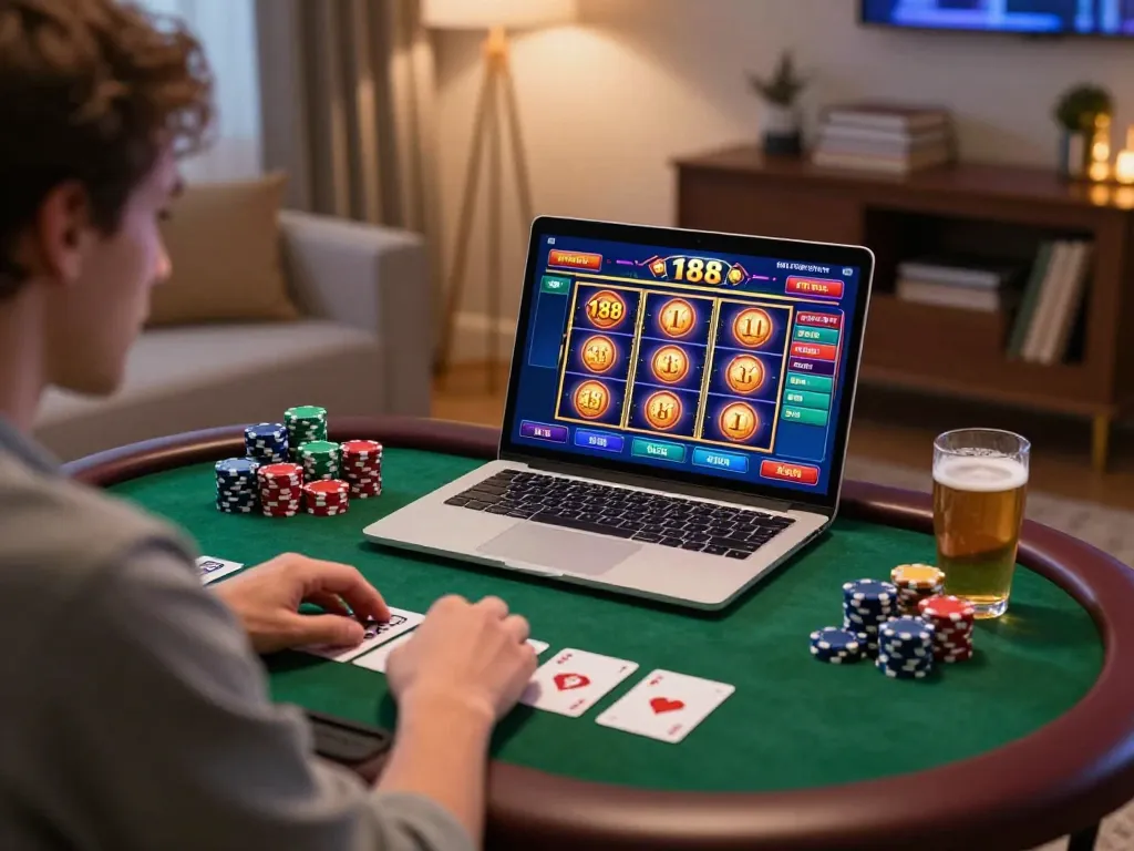 Player engaging with to188 online slots on laptop amidst cozy home gaming setup.