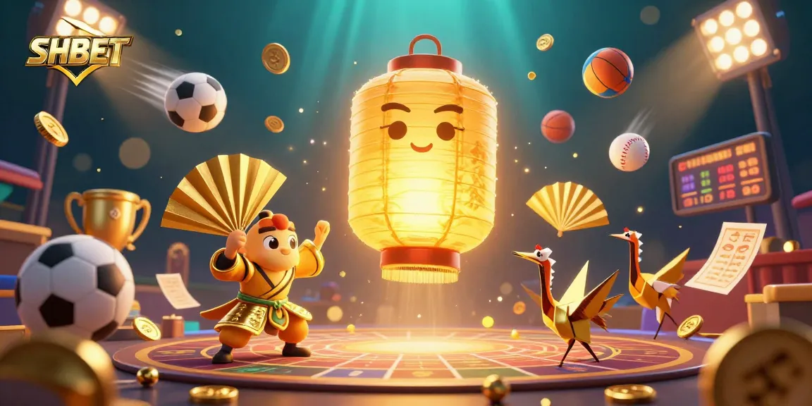 Join the excitement at SHBET with golden lantern spirits and dynamic sports elements in a vibrant casino.
