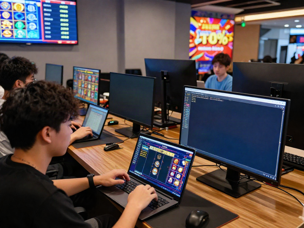 Players immersed in QQMacan slot games in a vibrant gaming lounge.