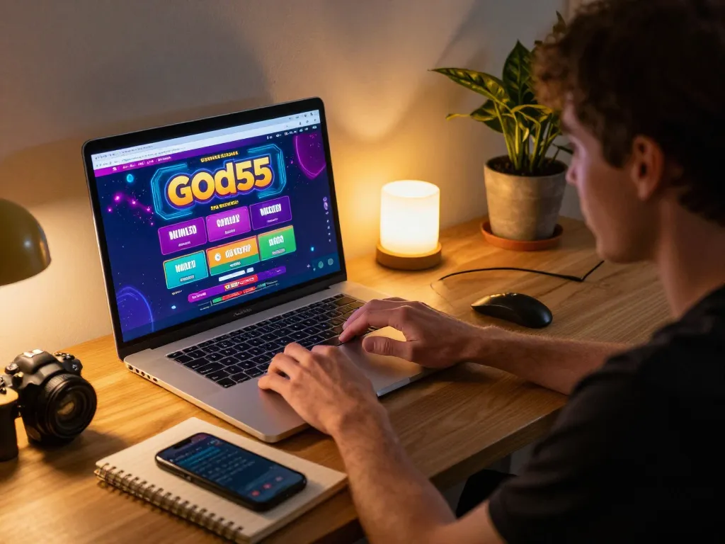Person engaged in online gaming at home using God55vn interface for betting