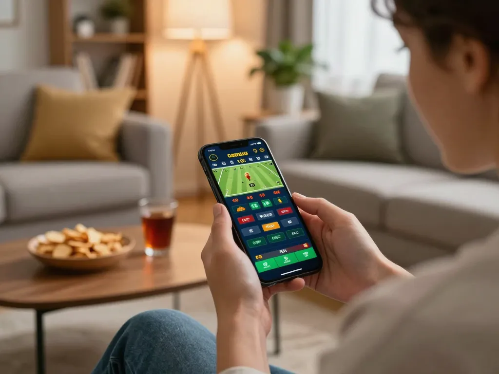 Engaged gambler using a smartphone for sports betting at nhà cái mm88 in a cozy living room.