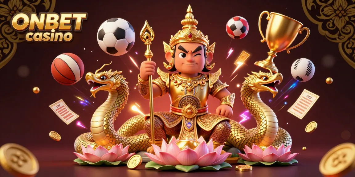 Engage with ONBET casino through an action-packed game scene featuring a guardian, Naga serpents, and dynamic sports elements.