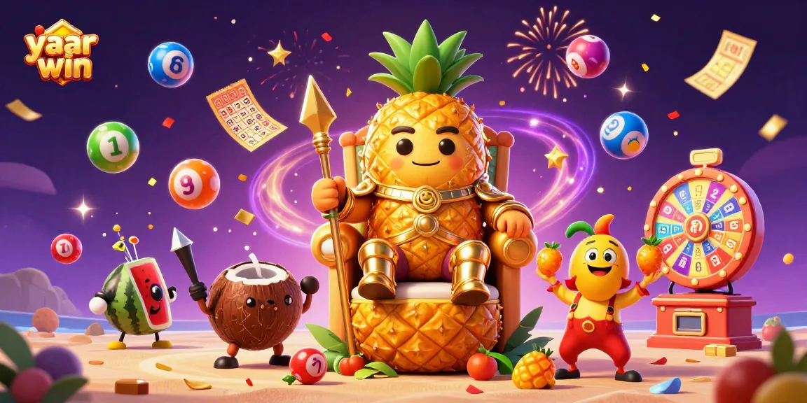 Engage with yaar win at a vibrant beach casino, featuring a golden pineapple king and casino elements.