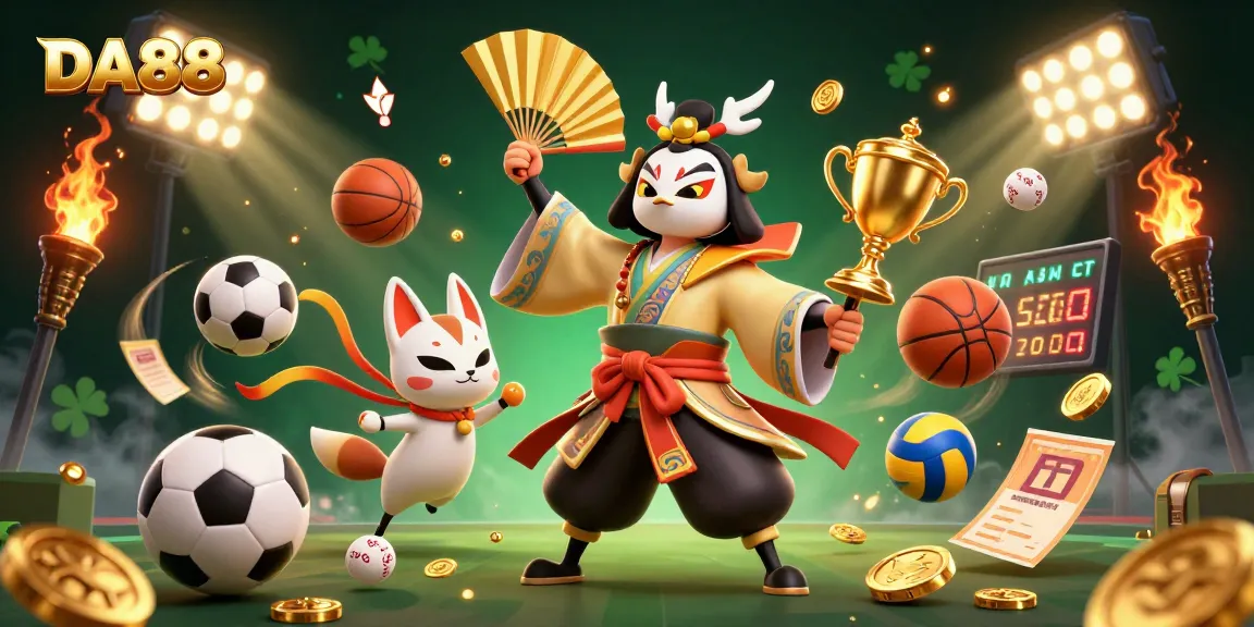 DA88 highlights sports betting action with a vibrant kabuki warrior and kitsune, featuring dynamic elements.