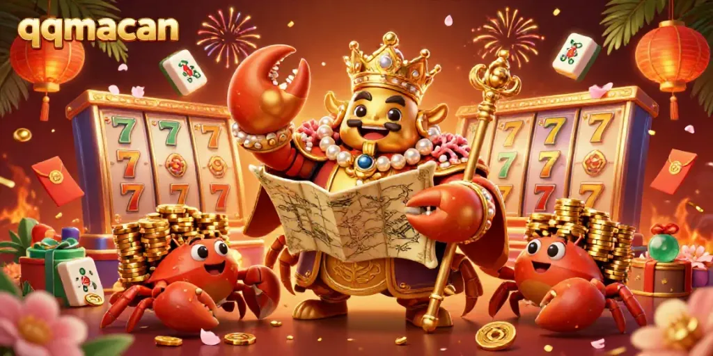 Spin and win with qqmacan's vibrant casino illustration featuring a golden crab emperor and lucky symbols.