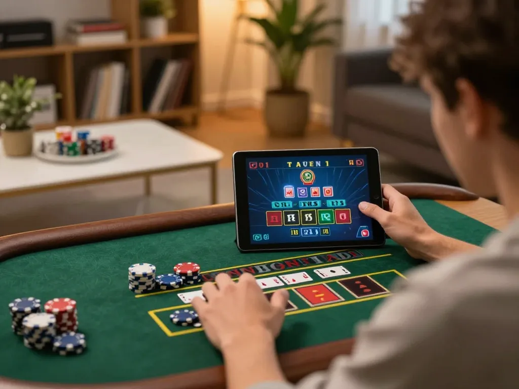 VN23 online gaming experience with a user playing live blackjack on a tablet in a cozy home setting.