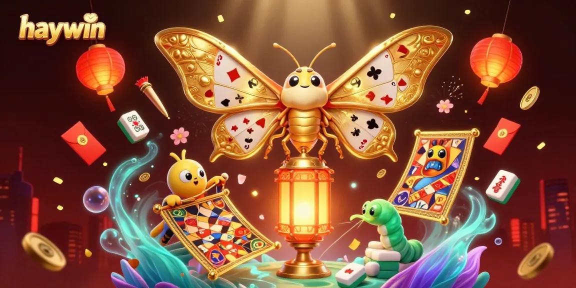 Engage with haywin's vibrant casino themes in an ultra-detailed illustration featuring golden moths and festive elements.