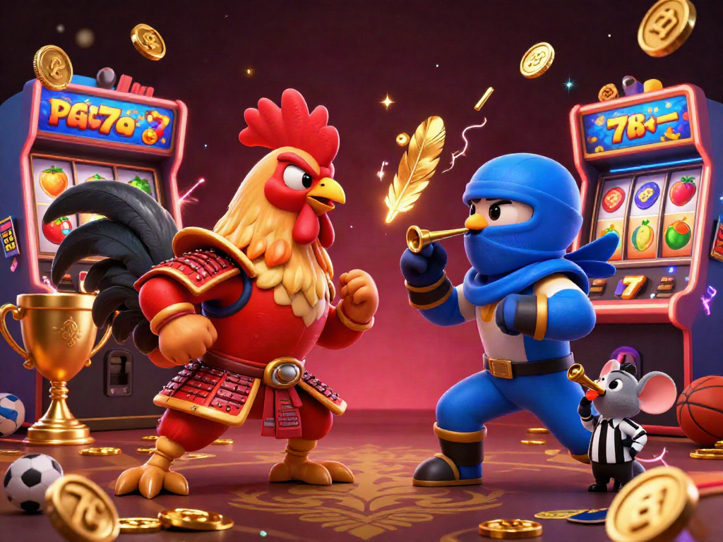 Engage in the action with PG SLOT where fighting roosters face off amid dynamic casino elements.