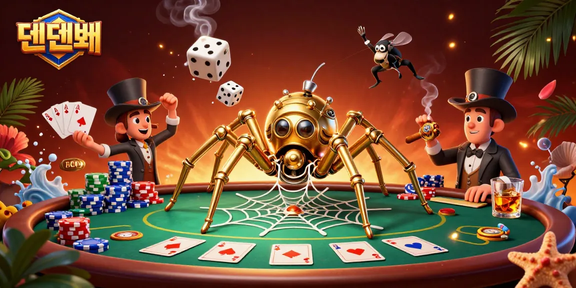 Experience the thrill of 텐텐벳 with a steampunk spider weaving golden webs and poker chips.
