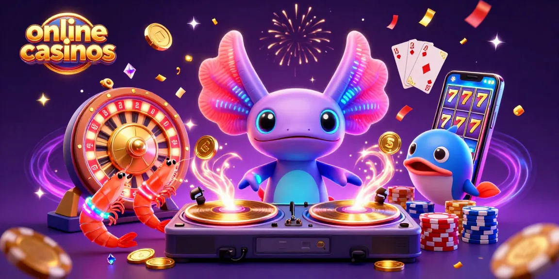 Engage with vibrant online casinos visuals featuring a lively axolotl DJ amidst turning roulette wheels and cascading treasures.